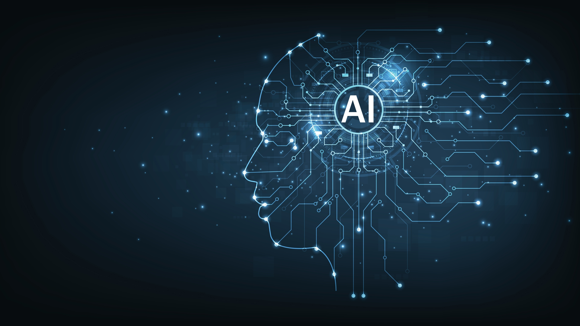 a light blue outline of human face with AI in the center surrounded by interconnected network lines and dots