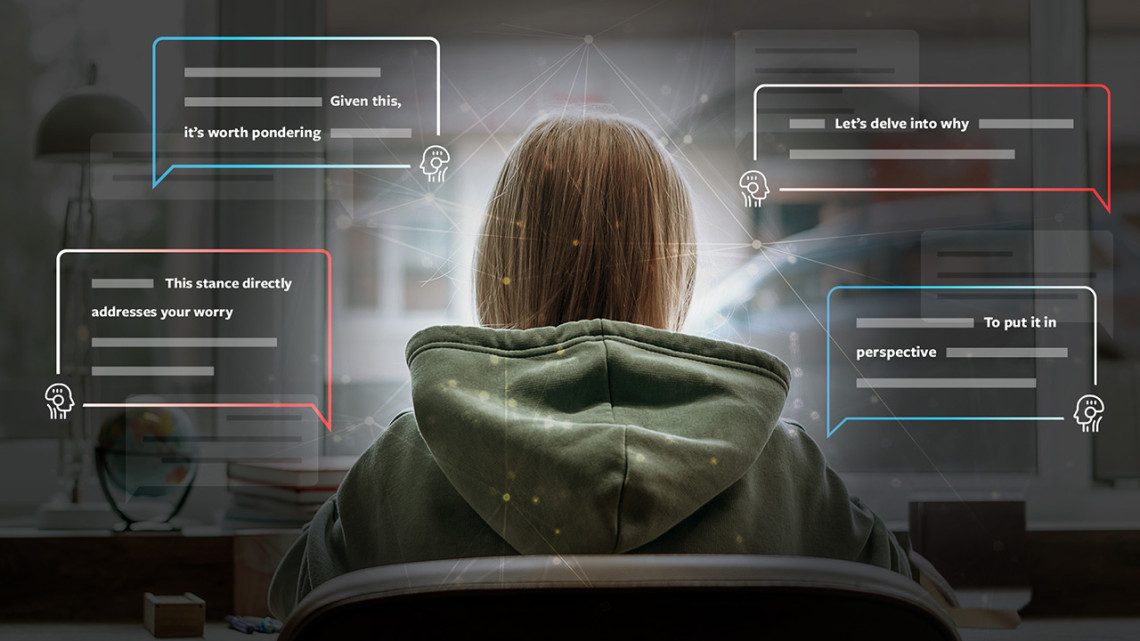 A graphic illustration showing the back of a person with chat boxes overlaying the image. By Ashley Osburn/Cornell University