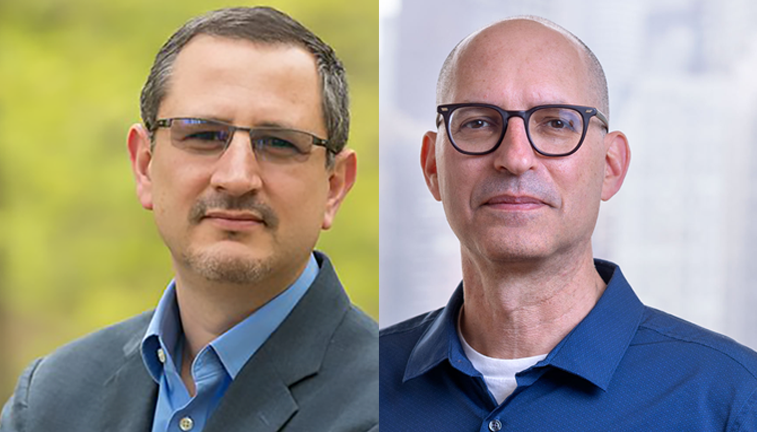 Two photos of men with glasses.