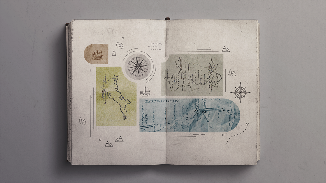 A color photo showing and old book with a map. Ashley Osburn/Cornell University