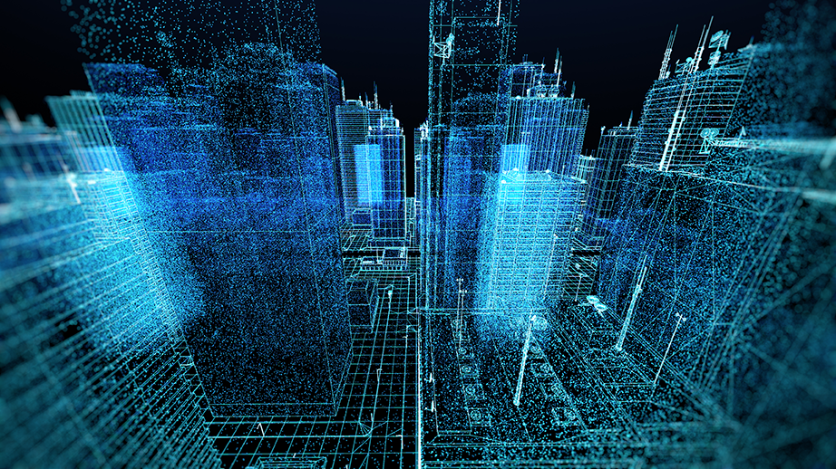 Abstract 3d city rendering with lines and digital elements. Shutterstock contributor: Pavel Chukhov
