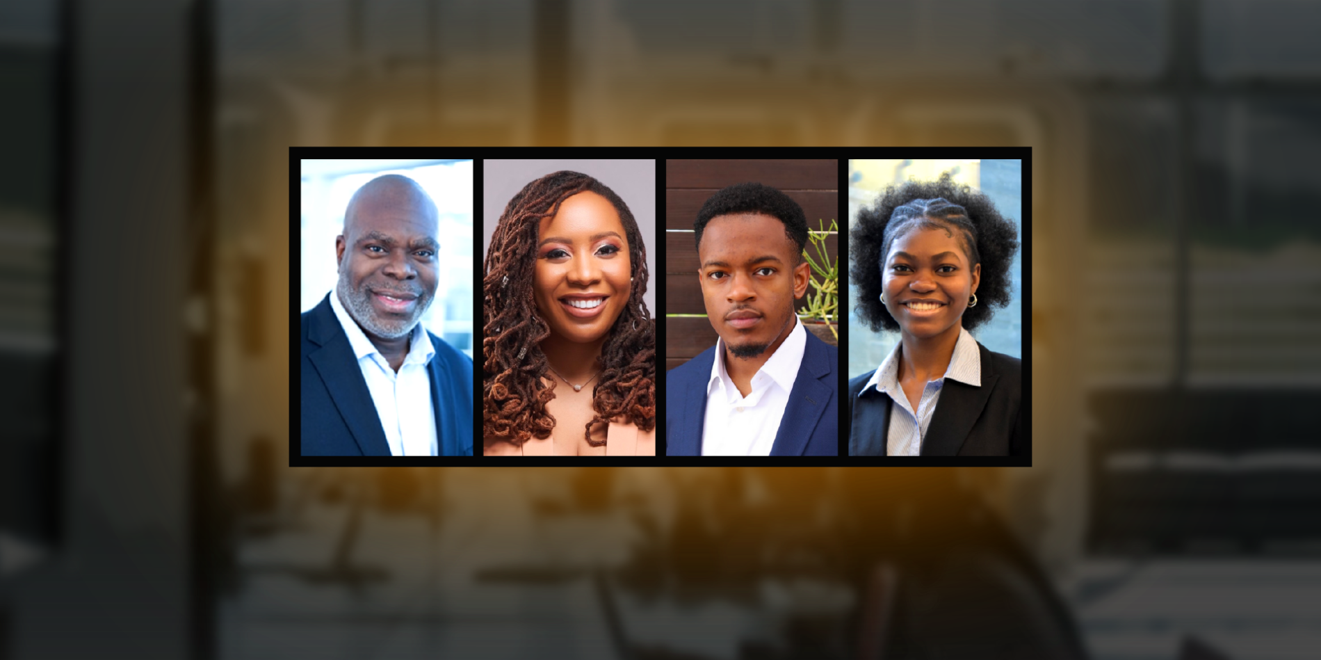 a grid of four images featuring an older black man in a suit, a black woman with brown curly hair, a young black man in a navy suit and a young black woman with short curly hair and a black suit and white collared shirt.