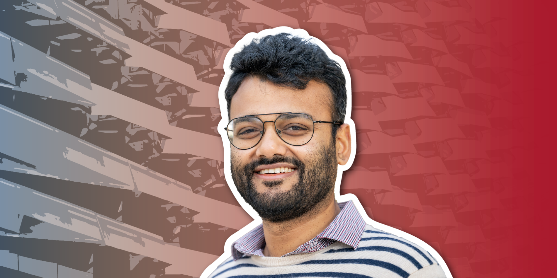 An image of a tan man with dark hair wearing glasses against a red and gray faded background