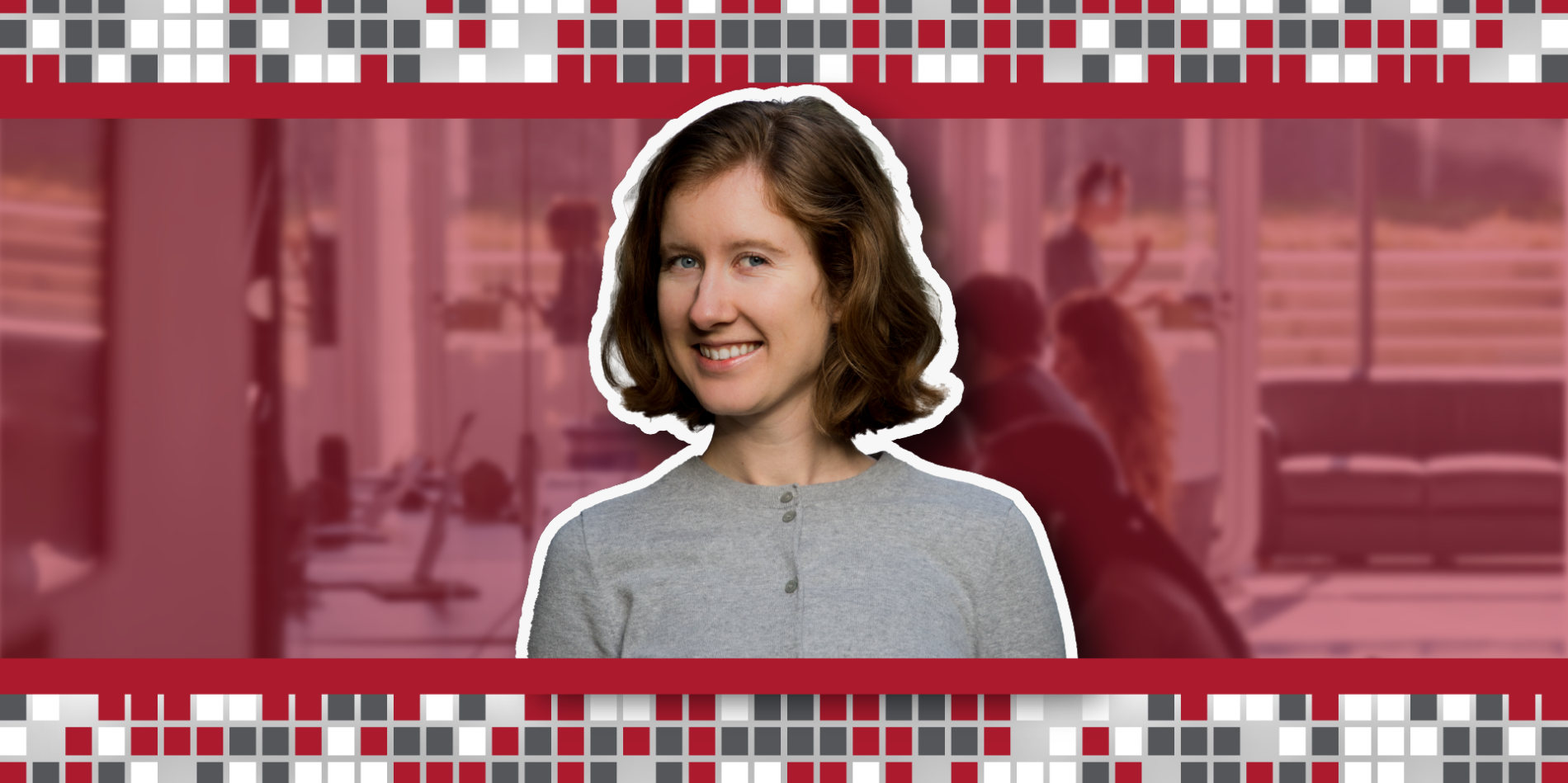 A headshot of Kristina Monakhova, a smiling woman with shoulder length brown hair and a gray shirt, in front of a stylized background