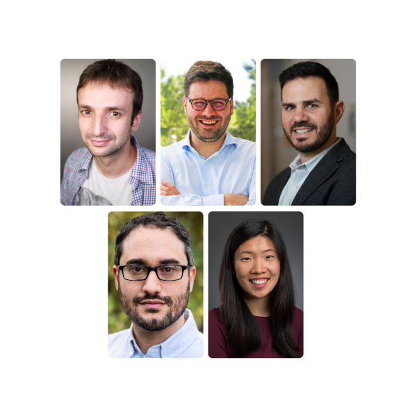 A color photo showing 5 portraits. 4 men and 1 woman.