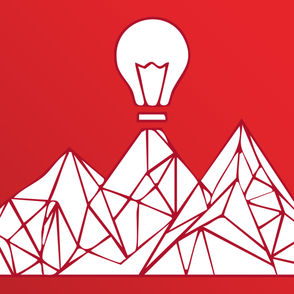 A color graphic with a mountain made up of red lines and a lightbulb at the highest peak.