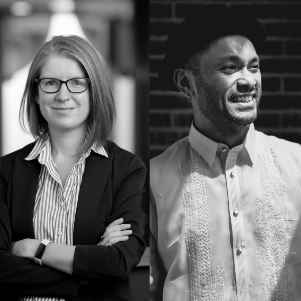 Two SDS alumni headshots. They are pictured in black and white, and flanked by a red to black gradient. 