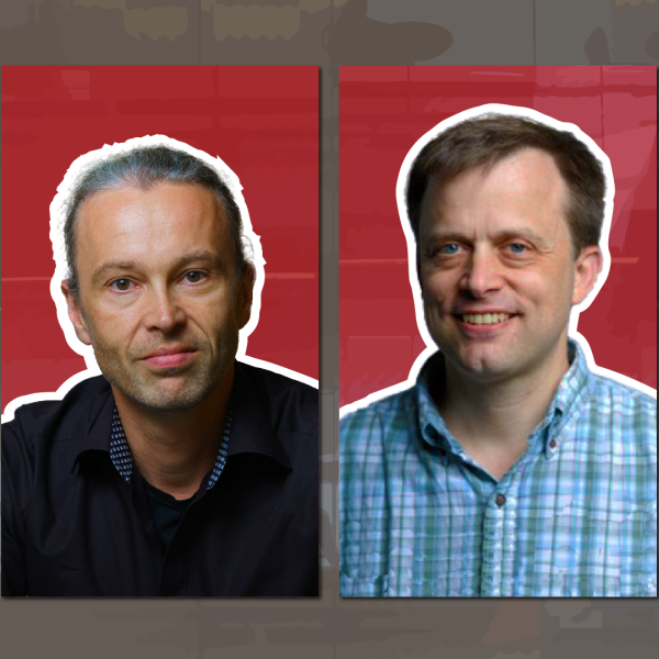 two images side by side: left is a man with gray hair pulled back against. red background, on the right, a man with short brown hair in a blue checkered shirt against a red pattern