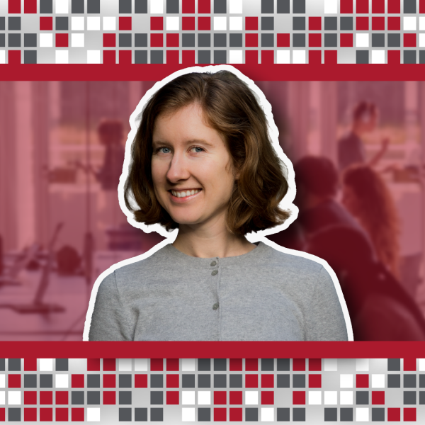 A headshot of Kristina Monakhova, a smiling woman with shoulder length brown hair and a gray shirt, in front of a stylized background