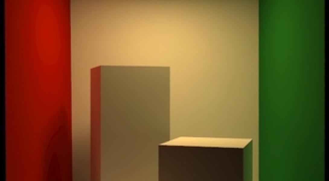 a square room with a red left wall and green right wall. a square light on the ceiling with two boxes in the middle