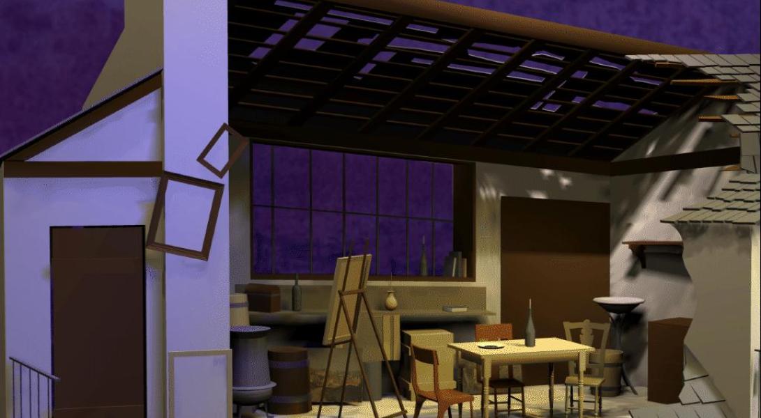 A computer model of a stage. The background colors are purple, and a spotlight shines on a table in the center.