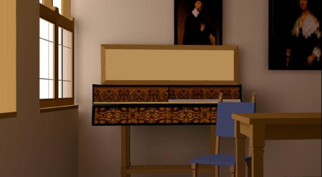 computer graphic of room with boxes, chairs and art on the wall