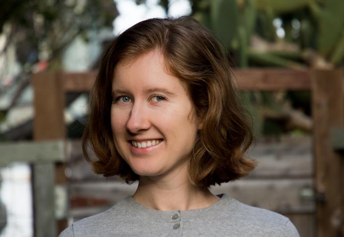 Color portrait of Kristina Monakhova; woman smiling at camera with chin length hair