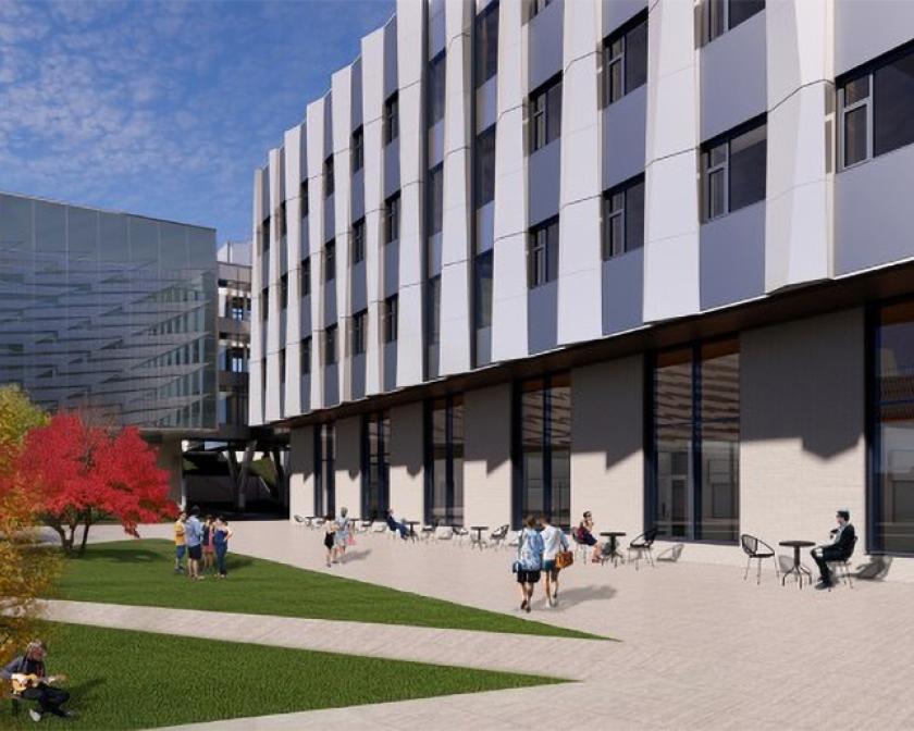 Rendering of students outside Cornell Bowers CIS plaza with trees and walkways.