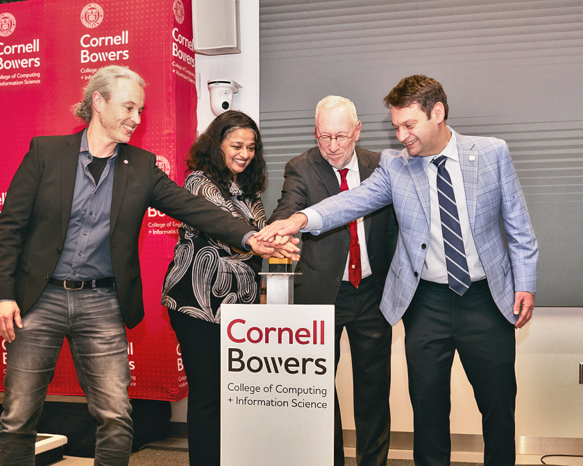 Thorsten Joachims, from left, interim dean of Cornell Ann S. Bowers College of Computing and Information Science, Provost Kavita Bala, President Michael Kotlikoff and incoming Bowers dean Sorin Lerner dedicate the Computing and Information Science Building.