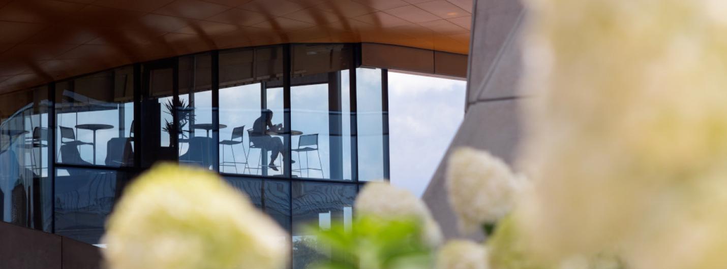 Group of people sitting on second floor of Gates Hall, seen through glass. Flowers in the foreground