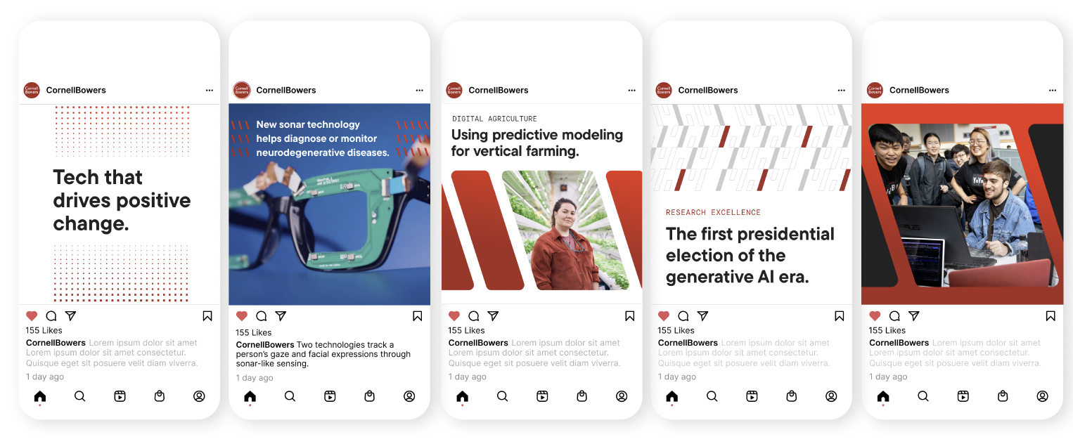 Five examples of the Cornell Bowers brand being applied to social media.