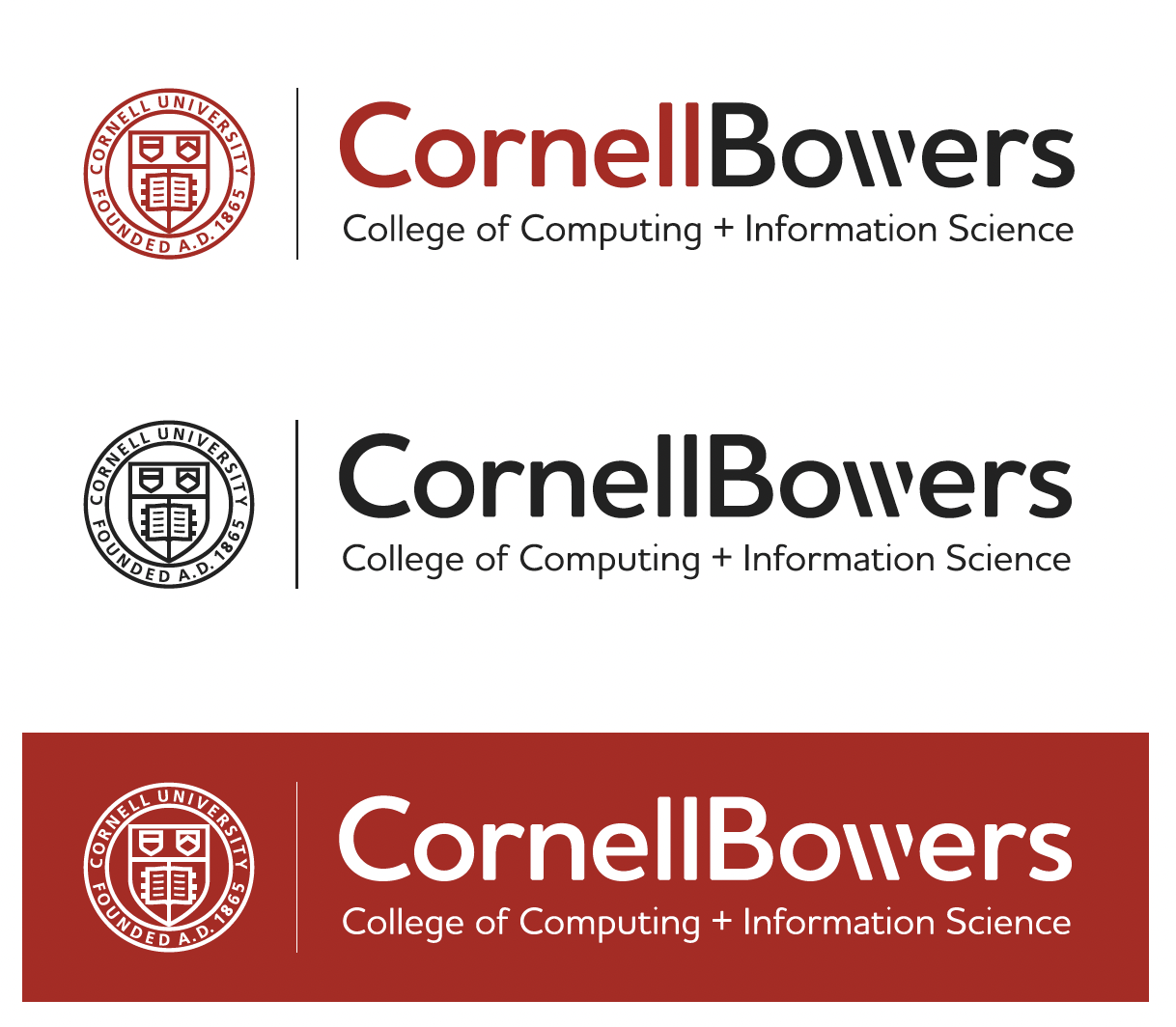 cornell seal with the cornell bowers logo written through times in black and red, black and white font on red